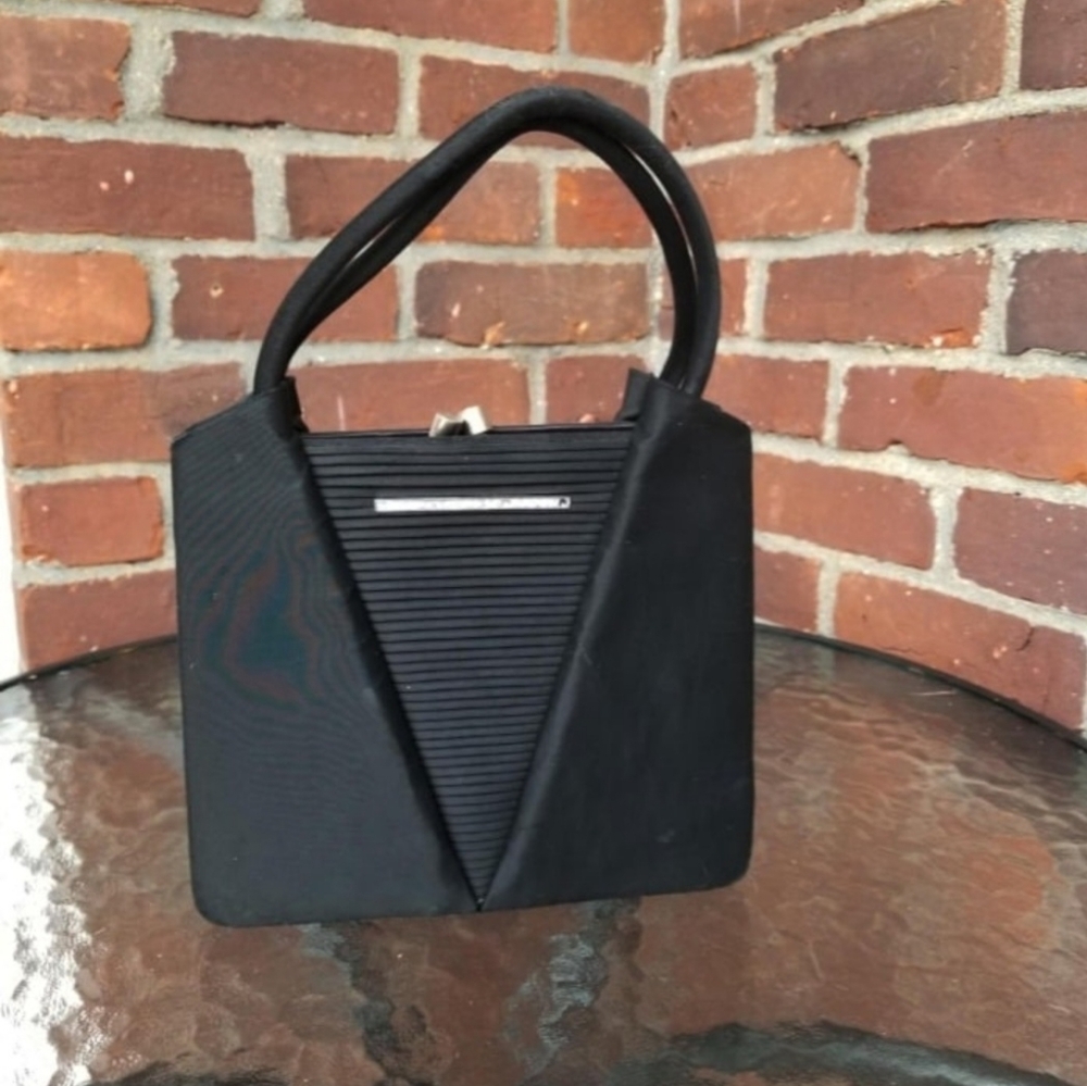 Vintage 1940s Art Deco Black Satin Evening Bag Kiss Lock Rhinestones